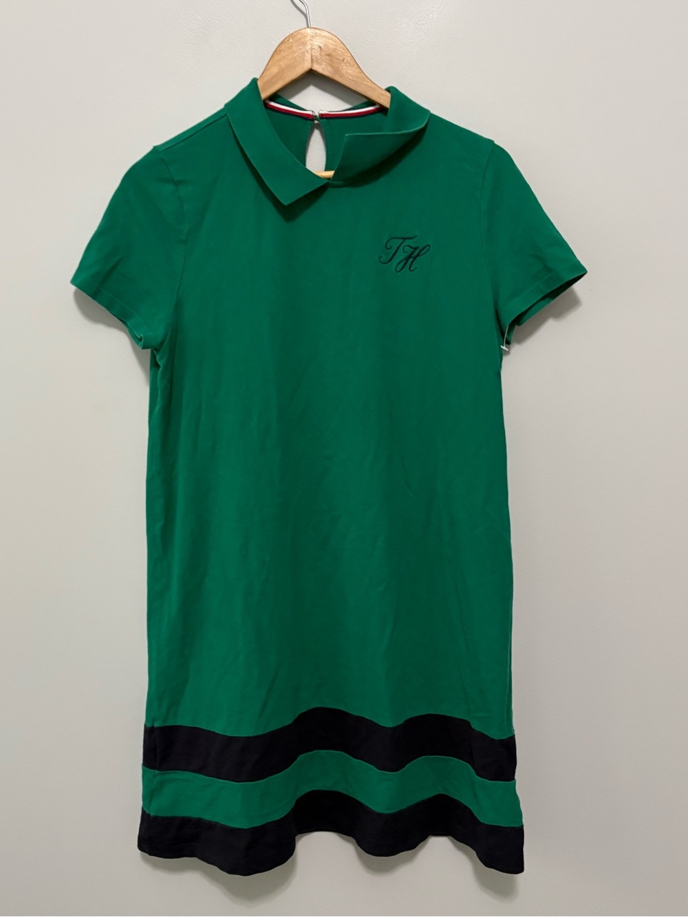 Tommy Hilfiger Preppy Green Navy Striped Monogrammed Polo Pullover Dress